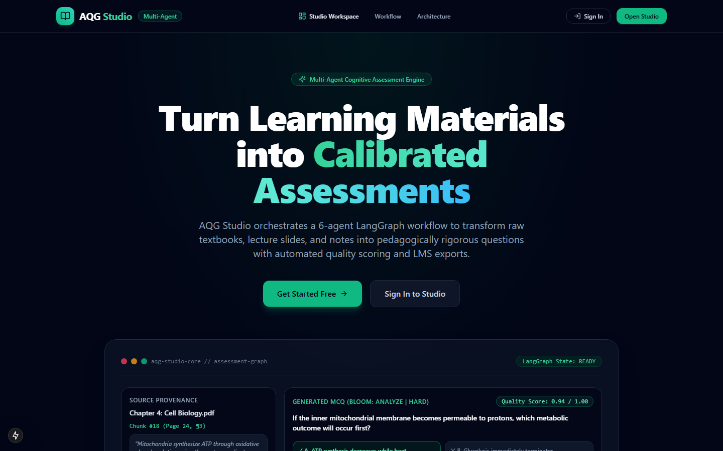 AQG Studio landing page with an assessment preview and multi-agent workflow overview