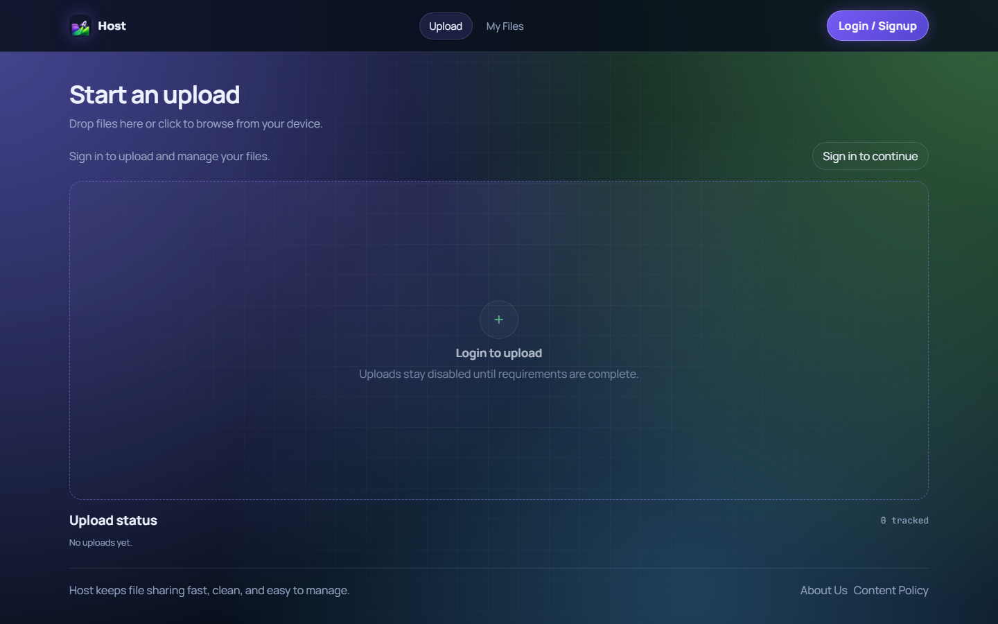 Host upload workspace showing private upload controls and account sign-in