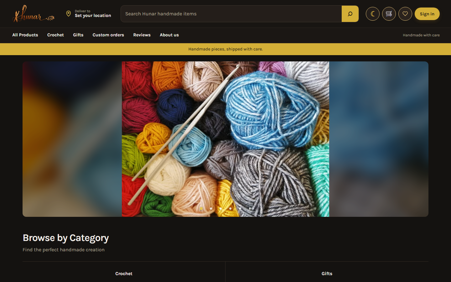 Hunar storefront home page with search, product categories, and handmade yarn hero
