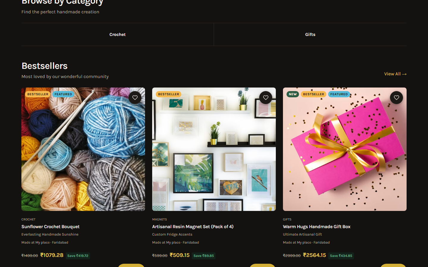 Hunar product discovery section with handmade product cards